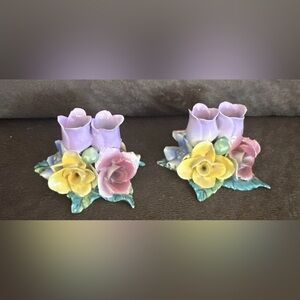 Floral Candle Holders with Purple and Yellow Flowers from Portugal